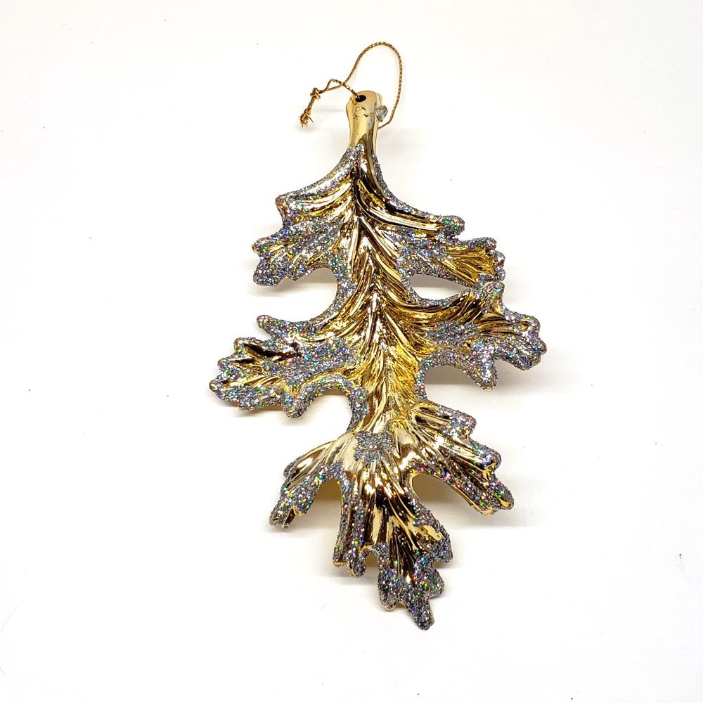 Gold Silver Glittery Leaf Christmas Ornament Iridescent Plastic Taiwan Made 5.5"